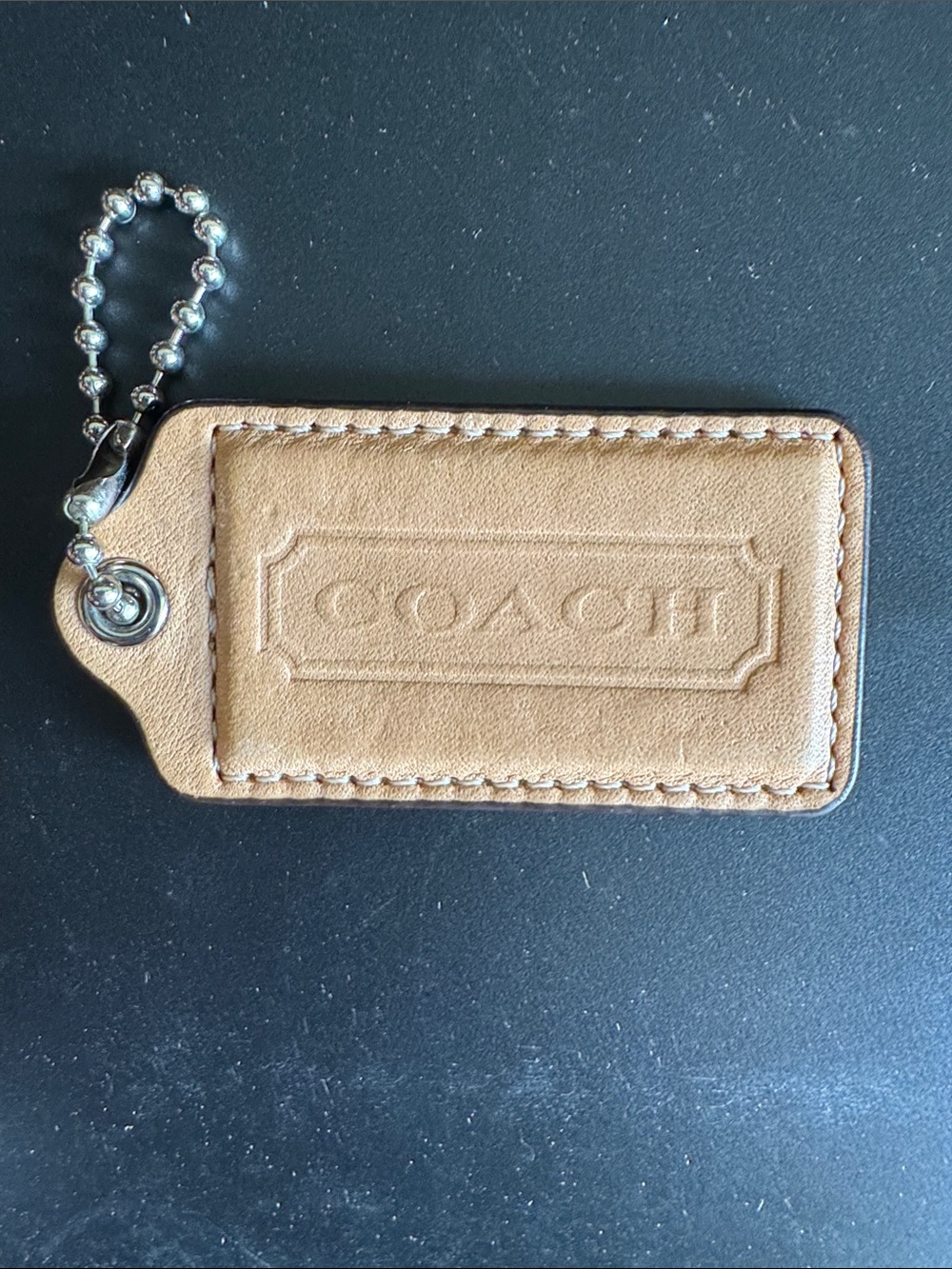 Coach Tan Leather Hang Tag with Silver Ball Chain